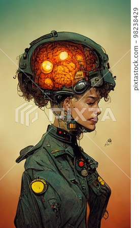 Abstract portrait of a steampunk scientist with an electric brain. A steampunk fantasy concept. Abstract portrait of a steampunk scientist with an electric brain. A steampunk fantasy concept. 98238429