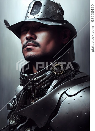 Abstract portrait of a male steampunk cowboy. Manly handsome steampunk cowboy. 3d rendering Abstract portrait of a male steampunk cowboy. Manly handsome steampunk cowboy. 3d rendering 98238430