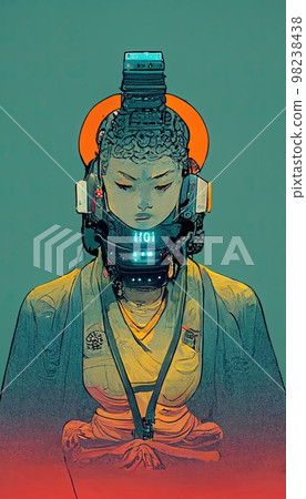 Portrait of Buddha in a futuristic cyberpunk style. A high-tech Buddha from the future. The concept of virtual reality and cyberpunk. Portrait of Buddha in a futuristic cyberpunk style. A high-tech Buddha from the future. The concept of virtual reality and cyberpunk. 98238438