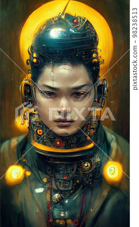 Portrait of Buddha in a steampunk style. A high-tech Buddha from the steampunk future. The concept of cyberpunk and steampunk. Portrait of Buddha in a steampunk style. A high-tech Buddha from the steampunk future. The concept of cyberpunk and steampunk. 98238513