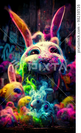 Abstract magical funny cartoon monster. Lots of colored paint, ink, funny monster and rainbow colors. Colorful wonderful surrealism of dreams. The concept of dreams and illusions. 98238516