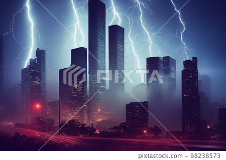 Huge lightnings over a major modern metropolis. A night storm over the city. 3D rendering Huge lightnings over a major modern metropolis. A night storm over the city. 3D rendering 98238573