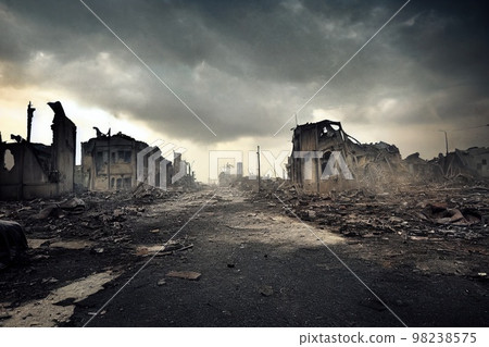 A post-apocalyptic ruined city. Destroyed buildings, burnt-out vehicles and ruined roads. 3D rendering A post-apocalyptic ruined city. Destroyed buildings, burnt-out vehicles and ruined roads. 3D rendering 98238575