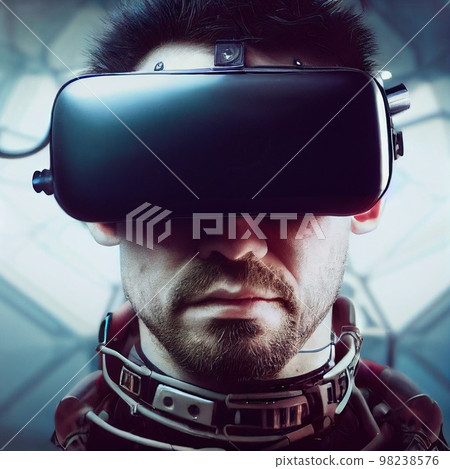 A fictional person, not based on a real person. Portrait of a sci-fi cyberpunk man. High-tech futuristic man from the future. The concept of virtual reality and cyberpunk. 3D render. A fictional person, not based on a real person. Portrait of a sci-fi cyberpunk man. High-tech futuristic man from the future. The concept of virtual reality and cyberpunk. 3D render. 98238576