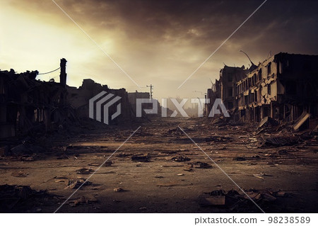 A post-apocalyptic ruined city. Destroyed buildings, burnt-out vehicles and ruined roads. 3D rendering A post-apocalyptic ruined city. Destroyed buildings, burnt-out vehicles and ruined roads. 3D rendering 98238589