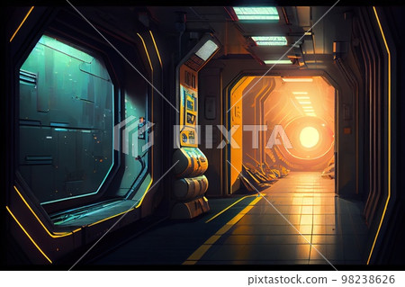 Interior of a spaceship. Unmanned corridor of the spacecraft. Generative AI Art. 98238626