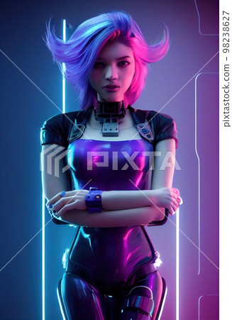 A fictional person, not based on a real person. Portrait of a sci-fi cyberpunk girl. High-tech futuristic woman from the future. The concept of virtual reality and cyberpunk. 3D render. A fictional person, not based on a real person. Portrait of a sci-fi cyberpunk girl. High-tech futuristic woman from the future. The concept of virtual reality and cyberpunk. 3D render. 98238627