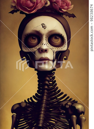 A horrible ancient skeleton with nightmarish makeup. 3D rendering. A horrible ancient skeleton with nightmarish makeup. 3D rendering. 98238674