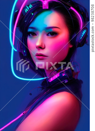 A fictional person, not based on a real person. A portrait of a creative Asian beauty wearing fancy headphones. 3d rendering 98238708