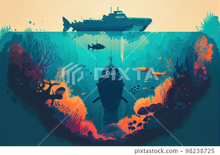 The ecosystem of the underwater marine world. Underwater ships and marine fish. Generative AI 98238725