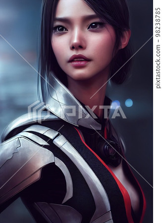 A fictional person, not based on a real person. A portrait of a sci-fi cyberpunk girl wearing cyberpunk gear. High-tech futuristic woman from the future. The concept of cyberpunk. 3D render. 98238785