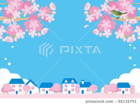 框架春天城市景觀房子櫻花櫻花景觀背景圖素材 98238791