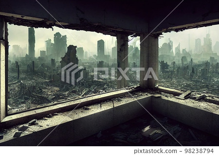 A post-apocalyptic ruined city. Destroyed buildings, destroyed roads, blown up skyscrapers. The concept of the apocalypse. 3d rendering A post-apocalyptic ruined city. Destroyed buildings, destroyed roads, blown up skyscrapers. The concept of the apocalypse. 3d rendering 98238794
