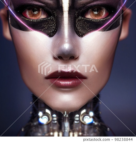 A fictional person, not based on a real person. Portrait of a sci-fi cyberpunk girl. High-tech futuristic woman from the future. The concept of virtual reality and cyberpunk. 3D render. 98238844