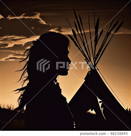 Silhouette of a woman from an Indian tribe in front of a teepee. Generative AI Art Silhouette of a woman from an Indian tribe in front of a teepee. Generative AI Art 98238845