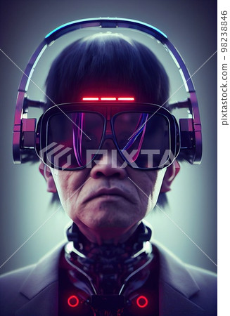 A fictional person, not based on a real person. A portrait of a grandfather in a futuristic cyberpunk style with a cyber headset. The concept of virtual reality. 3D render 98238846