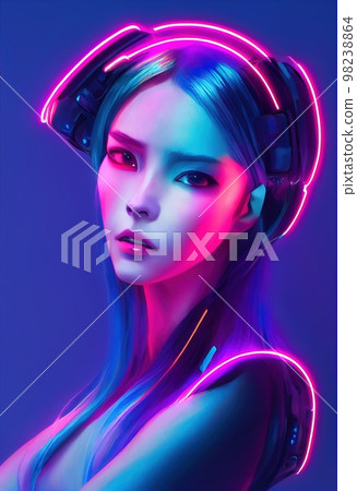 A fictional person, not based on a real person. A portrait of a creative beauty wearing fancy headphones. A lover of fashionable music against a backdrop of bright colorful lights. 3d rendering 98238864