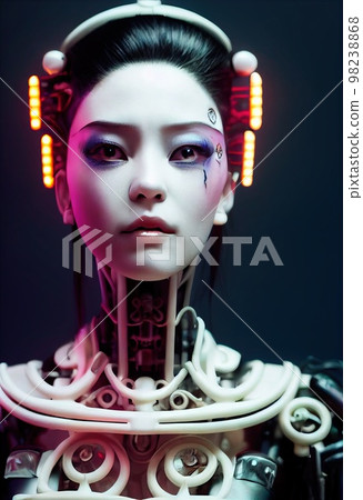 A fictional person, not based on a real person. Portrait of a sci-fi cyberpunk girl. High-tech futuristic woman from the future. The concept of virtual reality and cyberpunk. 3D render. 98238868