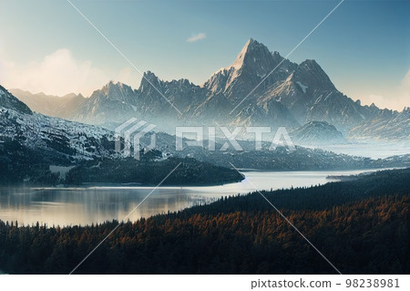 Beautiful ancient mountains at sunset, in the evening sunlight and in the fog. 3D rendering. 98238981