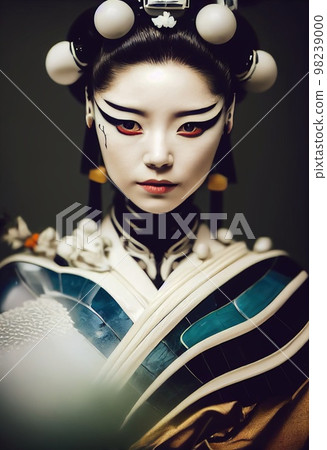 A fictional person, not based on a real person. Portrait of a futuristic female robot. An artistic abstract cyberpunk fantasy. Concept of a modern robot. 3d rendering 98239000