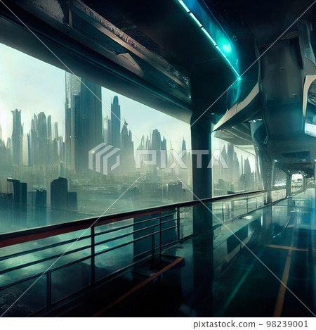 A futuristic city. A rainy city street with road. The concept of virtual reality and cyberpunk. 3d rendering 98239001
