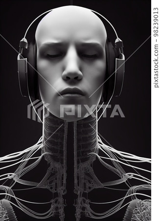 A fictional person, not based on a real person. Portrait of a futuristic robot. An artistic abstract cyberpunk fantasy. Concept of a modern robot. 3d rendering 98239013