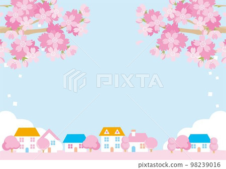 框架春天城市景觀房子櫻花櫻花景觀背景圖素材 98239016