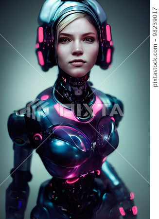 A fictional person, not based on a real person. Portrait of a sci-fi cyberpunk girl. High-tech futuristic woman from the future. The concept of virtual reality and cyberpunk. 3D render. 98239017