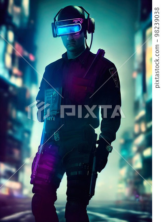 Portrait of a sci-fi cyberpunk man. High-tech futuristic man from the future. The concept of virtual reality and cyberpunk. Generative AI Art. Portrait of a sci-fi cyberpunk man. High-tech futuristic man from the future. The concept of virtual reality and cyberpunk. Generative AI Art. 98239038