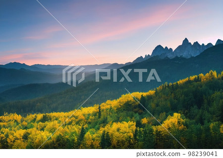 Beautiful ancient mountains at sunrise, in the evening sunlight and in the fog. 3D rendering. 98239041