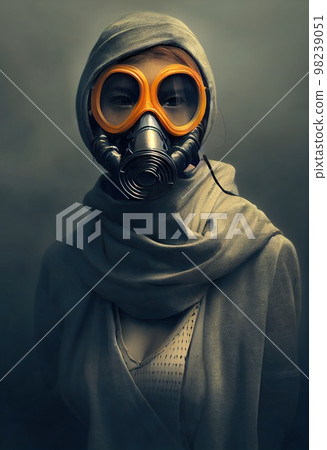 A fictional person, not based on a real person. A stalker survivor in protective clothing and an gas mask. Survivor of nuclear war. The concept of the post-apocalypse. 3d rendering 98239051