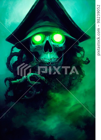 Mystical spooky pirate skeleton in a pirate hat. Gothic mystery man. 3D rendering Mystical spooky pirate skeleton in a pirate hat. Gothic mystery man. 3D rendering 98239052