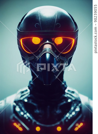 A fictional person, not based on a real person. Portrait of a sci-fi cyberpunk warrior. High-tech futuristic man from the future. The concept of virtual reality and cyberpunk. 3D render. 98239055