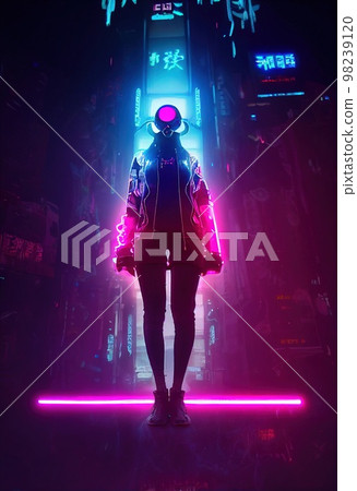 A fictional person, not based on a real person. A portrait of a sci-fi cyberpunk girl wearing cyberpunk glasses. High-tech futuristic woman from the future. The concept of cyberpunk. 3D render. 98239120
