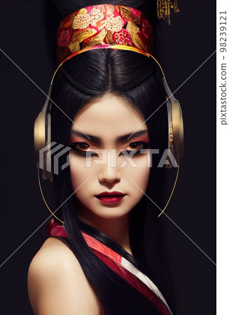 A portrait of a creative beauty wearing fancy headphones. A lover of fashionable music. Generative AI Art 98239121