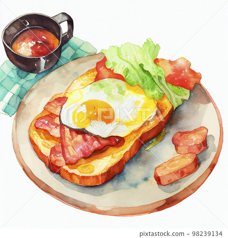 Bacon and egg toast set watercolor painting "AI-generated image" 98239134