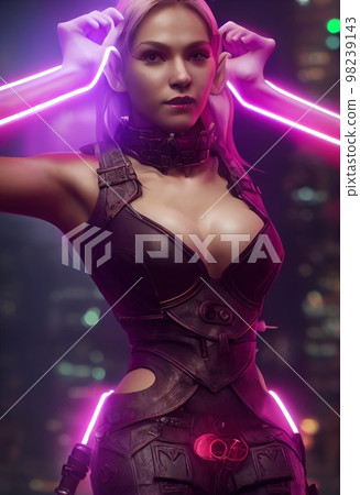 A fictional person, not based on a real person. Female elf warrior with pink hair. Long pink hair, sharp elven ears, beautiful eyes. 3D render. A fictional person, not based on a real person. Female elf warrior with pink hair. Long pink hair, sharp elven ears, beautiful eyes. 3D render. 98239143