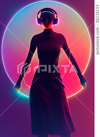 A fictional person, not based on a real person. A portrait of a creative beauty wearing fancy headphones. A lover of fashionable music against a backdrop of bright colorful lights. 3d rendering A fictional person, not based on a real person. A portrait of a creative beauty wearing fancy headphones. A lover of fashionable music against a backdrop of bright colorful lights. 3d rendering 98239155