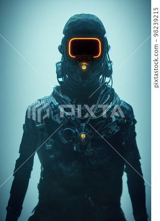 A fictional person, not based on a real person. Portrait of a sci-fi cyberpunk warrior. High-tech futuristic man from the future. The concept of virtual reality and cyberpunk. 3D render. A fictional person, not based on a real person. Portrait of a sci-fi cyberpunk warrior. High-tech futuristic man from the future. The concept of virtual reality and cyberpunk. 3D render. 98239215