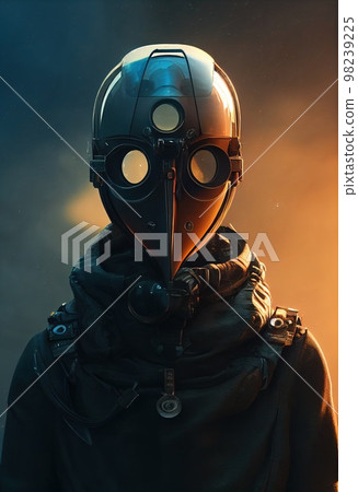 Portrait of a surviving stalker in an old gas mask against an apocalyptic background. Survivor of nuclear war. The concept of the post-apocalypse. 3d rendering Portrait of a surviving stalker in an old gas mask against an apocalyptic background. Survivor of nuclear war. The concept of the post-apocalypse. 3d rendering 98239225