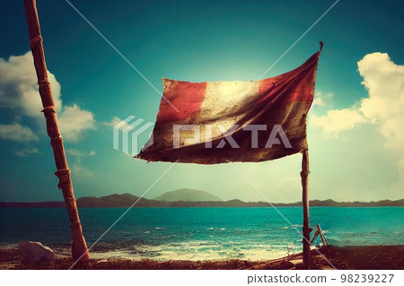 A pirate ancient flag on a deserted island. 3D rendering A pirate ancient flag on a deserted island. 3D rendering 98239227