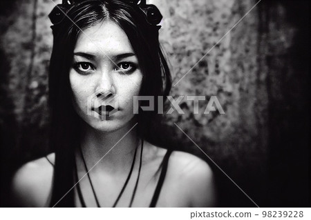 A fictional person, not based on a real person. Mystical beautiful fictional woman with beautiful makeup. Gothic mystery girl. 3D rendering A fictional person, not based on a real person. Mystical beautiful fictional woman with beautiful makeup. Gothic mystery girl. 3D rendering 98239228