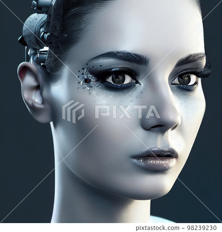 A fictional person, not based on a real person. Portrait of a futuristic robot. An artistic abstract cyberpunk fantasy. Concept of a modern robot. 3d rendering A fictional person, not based on a real person. Portrait of a futuristic robot. An artistic abstract cyberpunk fantasy. Concept of a modern robot. 3d rendering 98239230
