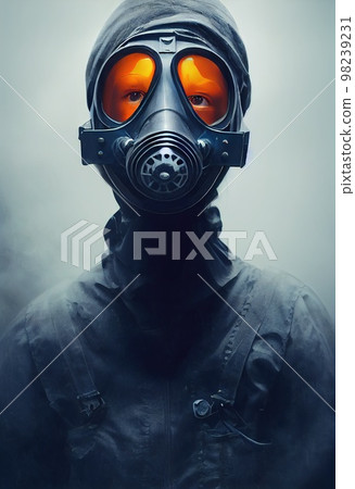 A fictional person, not based on a real person. A stalker survivor in protective clothing and an gas mask. Survivor of nuclear war. The concept of the post-apocalypse. 3d rendering 98239231