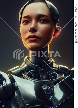 A fictional person, not based on a real person. Portrait of a futuristic robot. An artistic abstract cyberpunk fantasy. Concept of a modern robot. 3d rendering 98239232