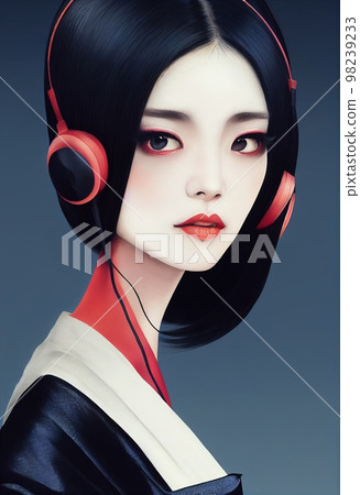 A fictional person, not based on a real person. A portrait of a creative beauty wearing fancy headphones. A lover of fashionable music. 3d rendering 98239233