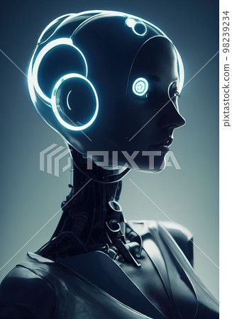 A fictional person, not based on a real person. Portrait of a futuristic robot. An artistic abstract cyberpunk fantasy. Concept of a modern robot. 3d rendering 98239234
