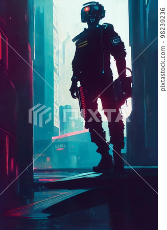 A fictional person, not based on a real person. Portrait of a sci-fi cyberpunk man. High-tech futuristic man from the future. The concept of virtual reality and cyberpunk. Generative AI. A fictional person, not based on a real person. Portrait of a sci-fi cyberpunk man. High-tech futuristic man from the future. The concept of virtual reality and cyberpunk. Generative AI. 98239236