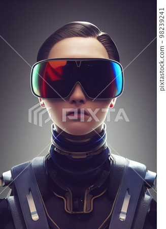 A fictional person, not based on a real person. Portrait of a sci-fi cyberpunk girl. High-tech futuristic woman from the future. The concept of virtual reality and cyberpunk. Generative AI. A fictional person, not based on a real person. Portrait of a sci-fi cyberpunk girl. High-tech futuristic woman from the future. The concept of virtual reality and cyberpunk. Generative AI. 98239241