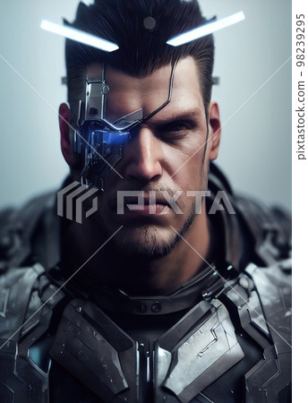 Portrait of a sci-fi cyberpunk warrior. High-tech futuristic man from the future. The concept of virtual reality and cyberpunk. Generative AI. 98239295